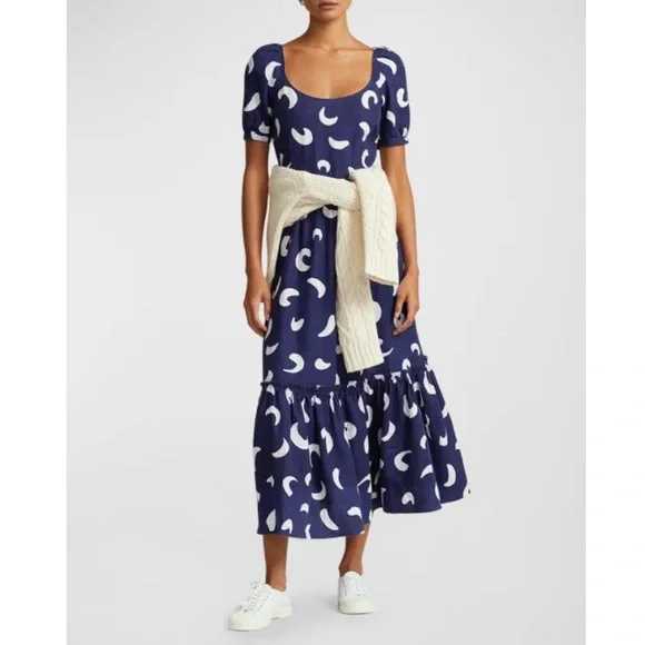 NWT Polo Ralph Lauren Brushstroke-Motif Tiered Blue White Linen Dress Size 18
